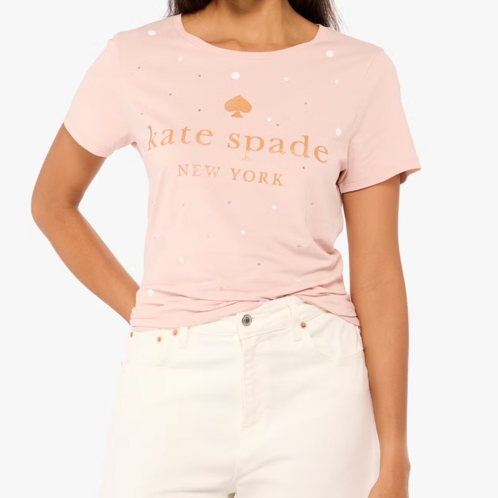 NWT Kate Spade Pink Glitter Embellished Short Sleeve Tee T-shirt